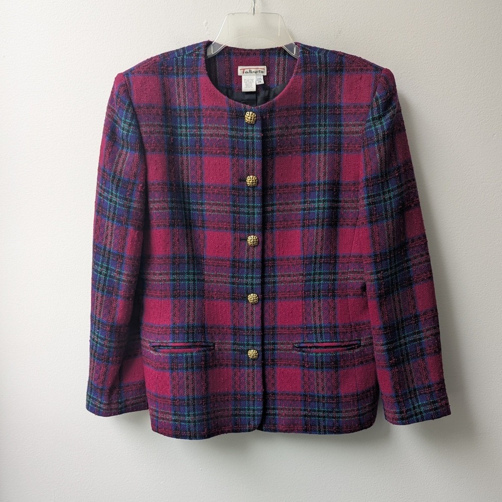 Vtg 90s Talbots Blazer Pink Plaid Wool Blend Collarless Gold Button Sz 14 Twee